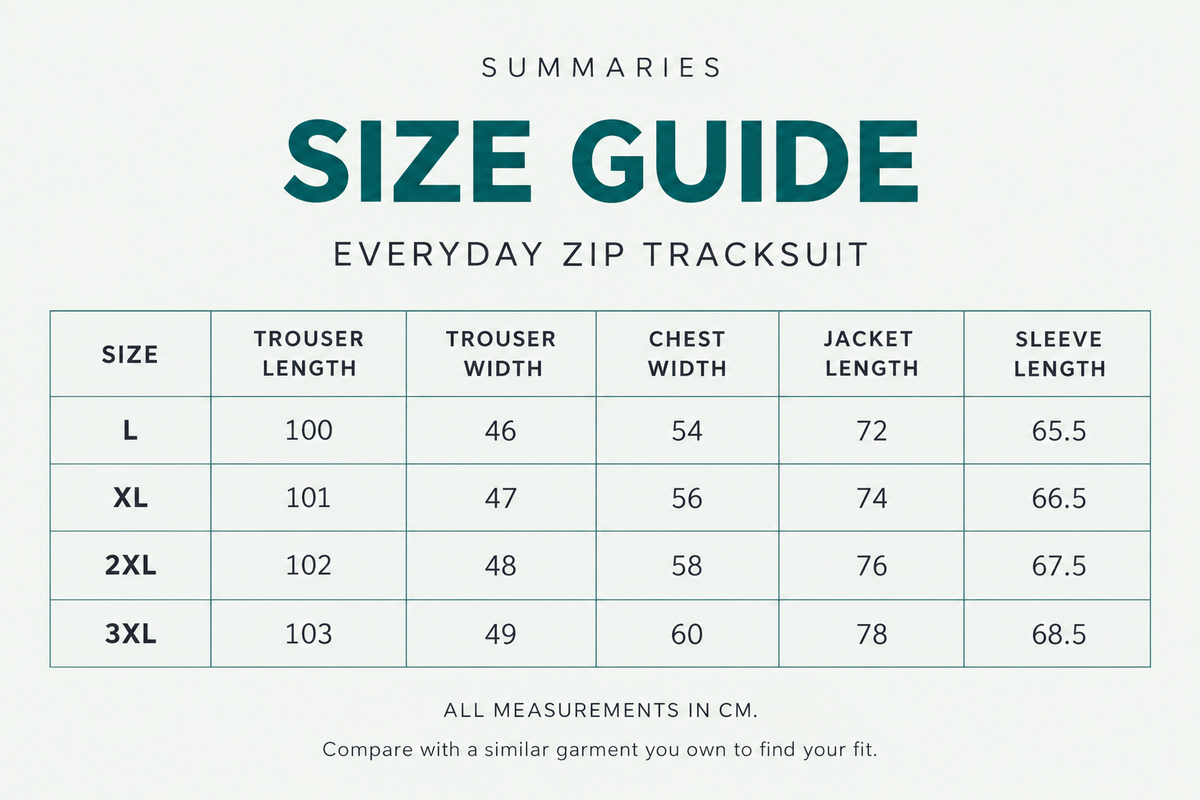 Size guide for Everyday Zip Tracksuit